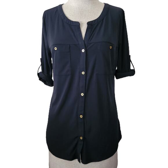 Ellen Tracy Black Button Up Roll Tab Sleeve Blouse Size Medium - Picture 1 of 5